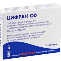 Cifran OD (ciprofloxacin) tablets 500 mg. #5