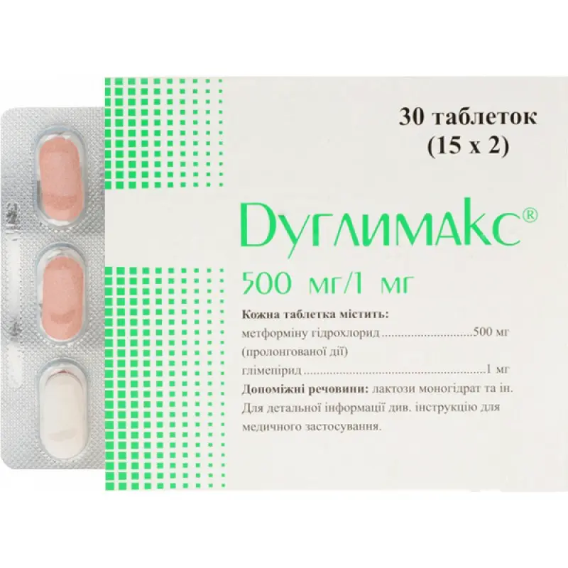 Duglimax (metformin hydrochloride) tablets 500 mg/1 mg. #30
